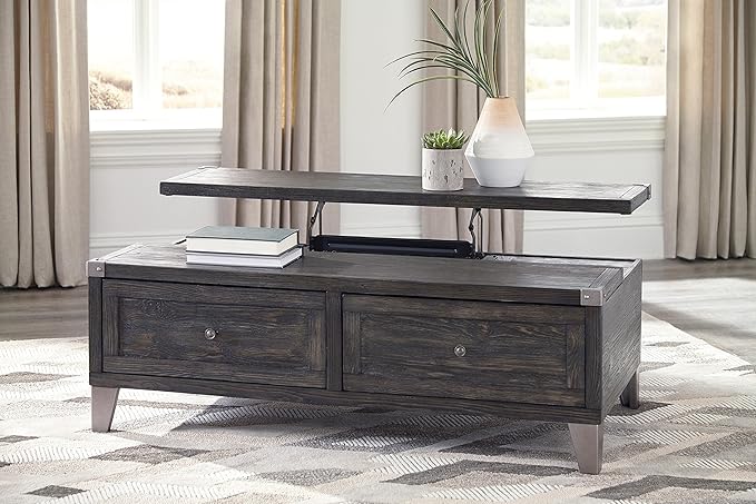 Signature Design by Ashley Todoe Industrial Spring-Lift Top Coffee Table, 2 Storage Drawers, Metal Legs, Wood, 54.38" W x 28.5" D x 18.25" H, Dark Gray & Weathered Pine Finish