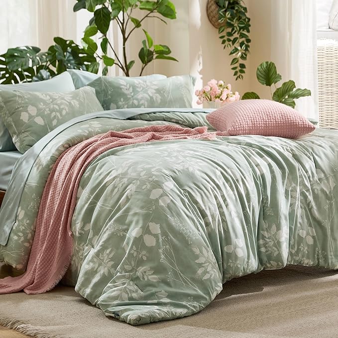 Bedsure Oversized Queen Comforter Set - 7 Pieces Floral Bedding Sets Sage Green Oversized Queen Bed in a Bag with Reversible Botanical Flowers Comforter, Sheets, Pillowcases & Shams