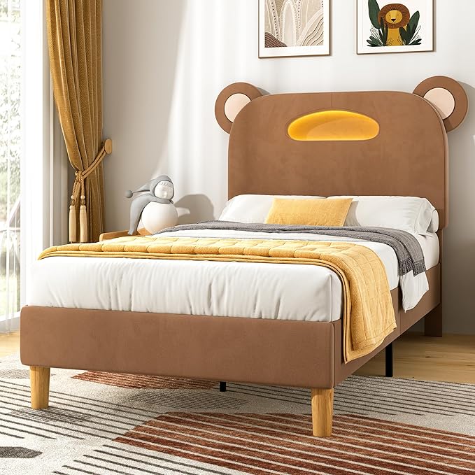 VECELO Twin Size Bed Frame, Bear-Shaped Adjustable Headboard with LED Lights & Storage, Upholstered Platform with Strong Wooden Slats Support, No Box Spring Needed, Brown