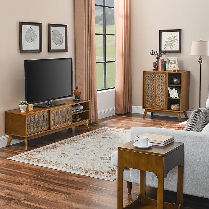 Ball & Cast 32" Mid Century Modern Rattan Sideboard Cabinet with 2 Sliding Doors, Buffet Cabinet w/Adjustable Shelf & Solid Wood Legs for Entryway, Living Room, Kitchen,Dining Room, Light Walnut