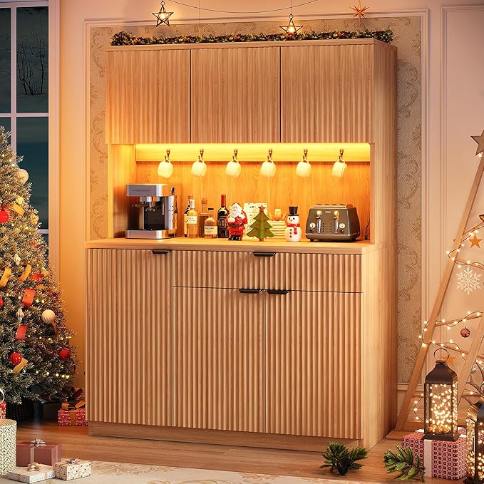 Fluted Kitchen Pantry Storage Cabinet with Charging Station/LED Light/Doors/Shelves, 71'' Tall Kitchen Food Hutch with Microwave Stand for Dining Room Living Room (Natural, 41 * 15.7 * 71)