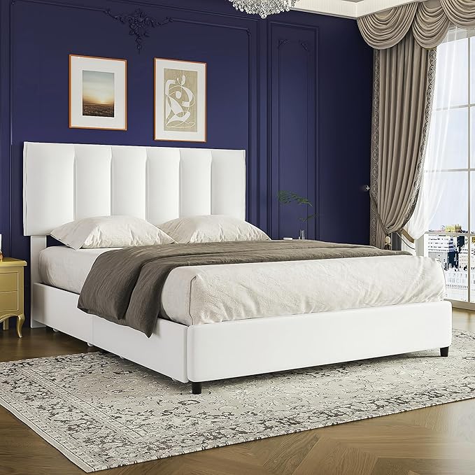 VECELO Full Size Bed Frame with 4 Storage Drawers, Adjustable Height Headboard, Heavy-Duty Platform Bedframe with Strong Wooden Slats, No Box Spring Needed, Pure White