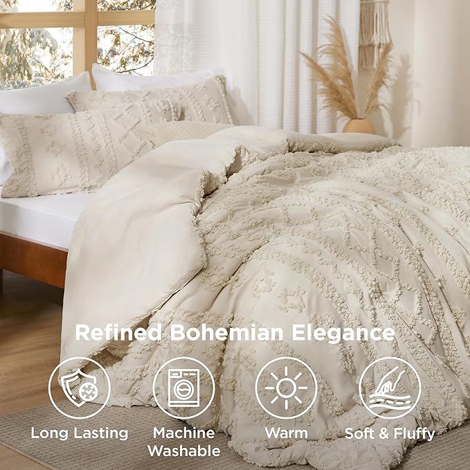 Bedsure Tufted Boho Comforter Set California King Size - Beige Boho Bed Set, GentleSoft™ 3 Pieces Farmhouse Shabby Chic Embroidery Bedding, Gifts for Woman, Soft Jacquard Comforter for All Seasons