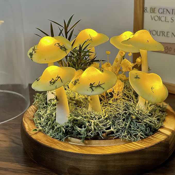 Mushroom Lamp, Decor LED Light in Glass Dome with Base for Home Bedroom Decor Birthday with Birthday Valentines Anniversaries Gifts Box (Yellow)