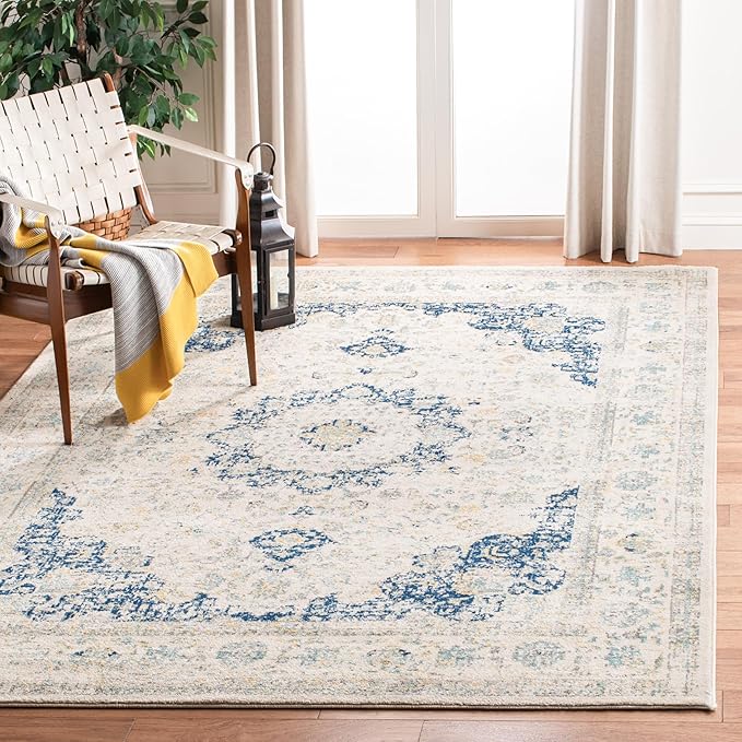 SAFAVIEH Evoke Collection Area Rug - 6'7" Square, Ivory & Blue, Shabby Chic Oriental Medallion Design, Non-Shedding & Easy to Clean, Ideal for Living Room, Bedroom, Dining Space (EVK220C)