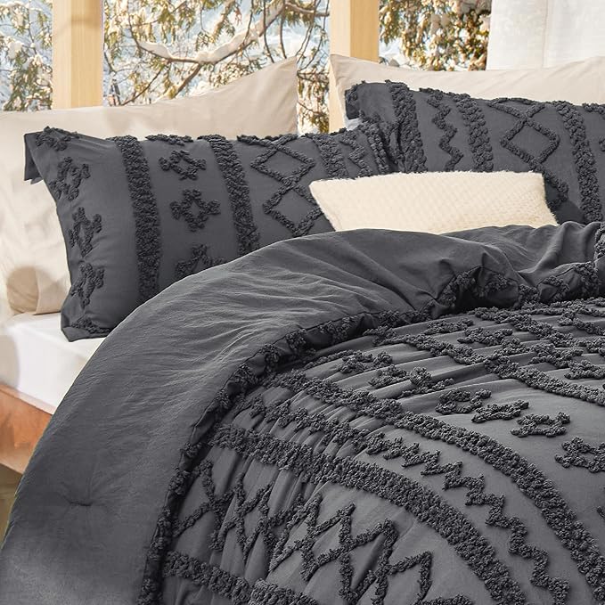 Bedsure Tufted Boho Comforter Set King Size - Dark Grey Boho Bed Set, GentleSoft™ 3 Pieces Farmhouse Shabby Chic Embroidery Bedding, Gifts for Woman, Soft Jacquard King Comforter for All Seasons