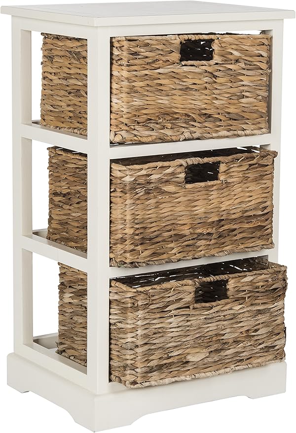 SAFAVIEH Home Collection – Halle Vintage White Storage Side Table with Wicker Baskets, Farmhouse Accent Storage, Fully Assembled (AMH5738B)