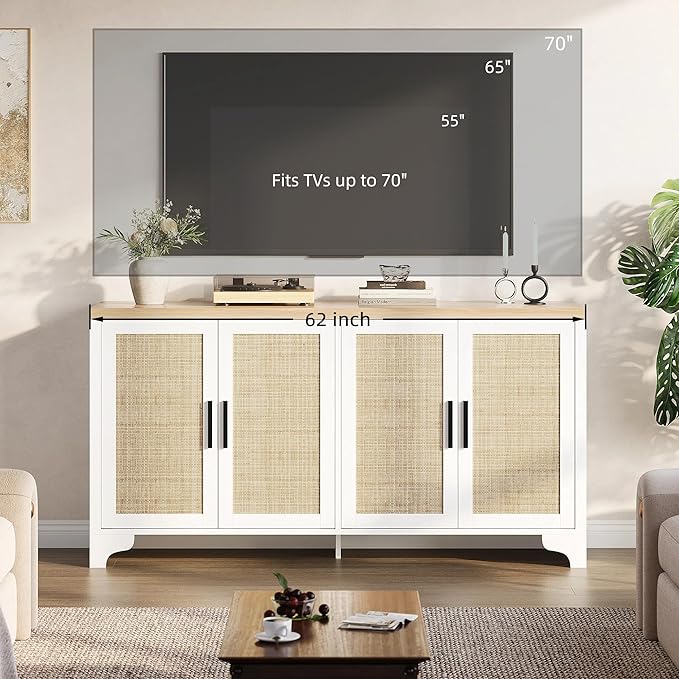 Garvee Natural Rattan Storage Cabinet with Shelves, 4-Door Sideboard Buffet Cabinet, Boho TV Stand Console Table for Living Room, Entryway, Dinning Room