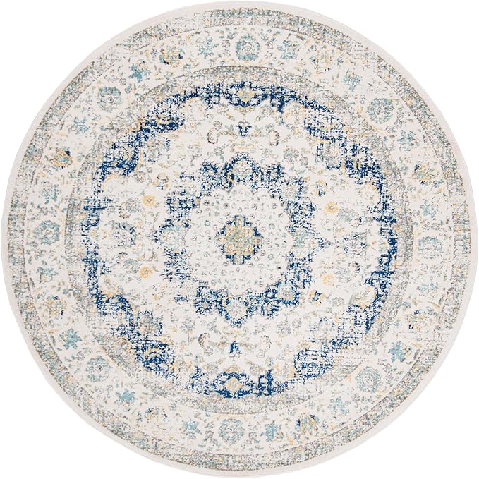 SAFAVIEH Evoke Collection Area Rug - 5'3" Round, Ivory & Blue, Shabby Chic Oriental Medallion Design, Non-Shedding & Easy to Clean, Ideal for Living Room, Bedroom, Dining Space (EVK220C)