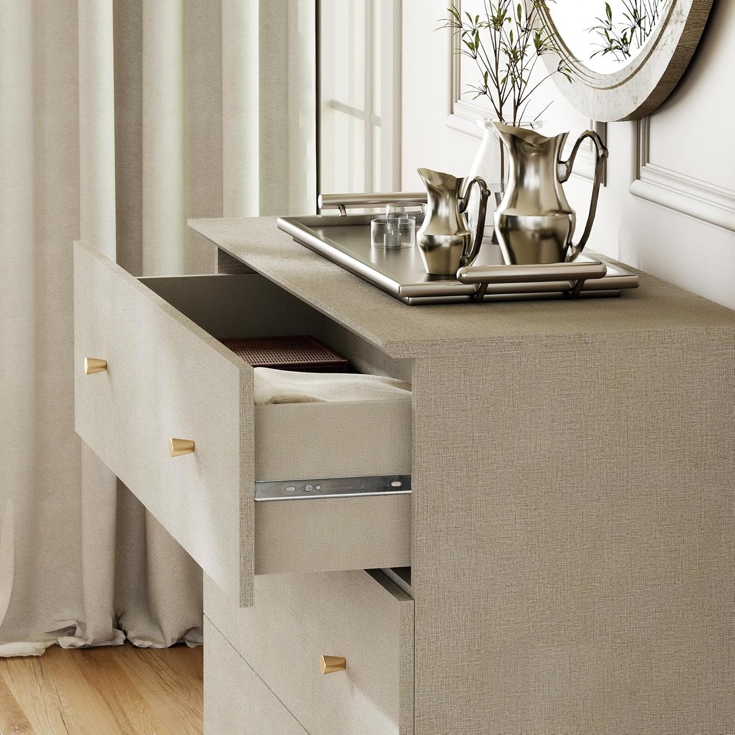 WAMPAT Bedroom Dresser with 3 Drawers, 35.4" Wide Wood Kids Dressers, Chest of Drawers, Modern Closet Organizer Bachelors Chest w/Solid Wood Legs for Living Room, Baby Room, Nursery, Beige