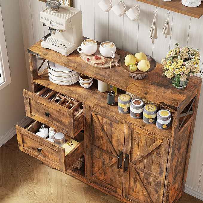 Vabches Farmhouse Buffet Sideboard Cabinet with Drawers and Open Shelf, 38.5" Storage Cabinet with Adjustable Shelves and Door, Modern Coffee Bar Hutch Pantry for Kitchen, Living Room, Entryway, Brown