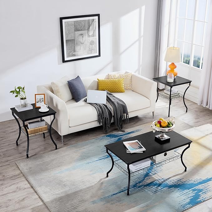VECELO 3 Pieces Living Room Table Sets, Coffee and End Tables with Open Storage Shelves for Apartment, Home Office, Small Space, Easy Assembly, Black