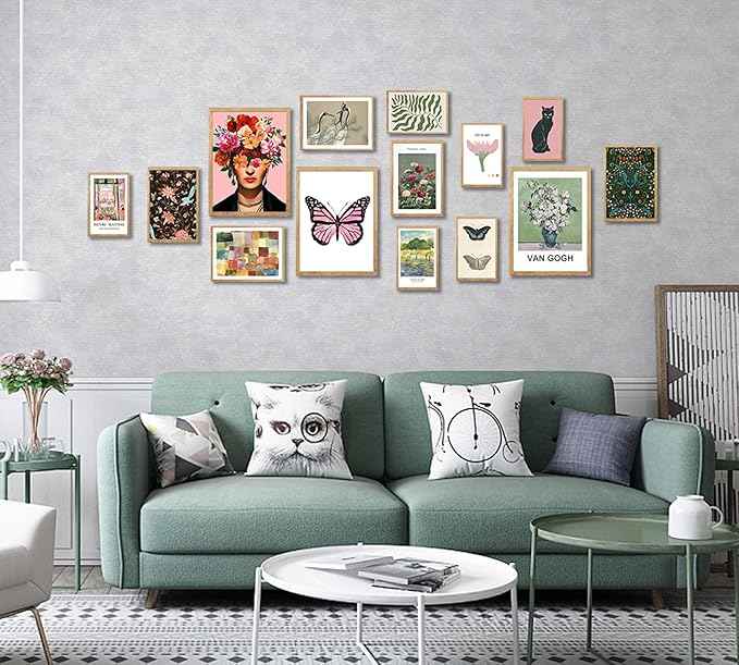 Vintage Eclectic Wall Art, Colorful Bohemian Gallery Wall Art, Retro Maximalist Decor Aesthetic, Funky Eclectic Gallery Wall Art Prints for Bedroom, Famous Artist Painting Pictures (with Beige Frame)