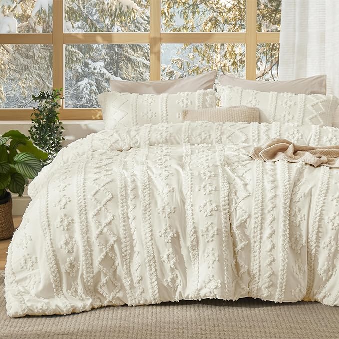 Bedsure Tufted Boho Comforter Set Twin Size - Ivory Boho Bed Set, GentleSoft™ 2 Pieces Farmhouse Shabby Chic Embroidery Bedding, Gifts for Woman, Soft Jacquard Twin Comforter for All Seasons