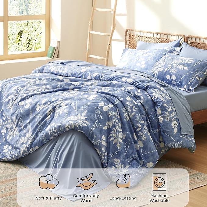 Bedsure Queen Comforter Set - 7 Pieces Floral Blue Soft Bedding Sets, Queen Bed in a Bag with Botanical Flowers Comforter, Sheets, Pillowcases & Shams