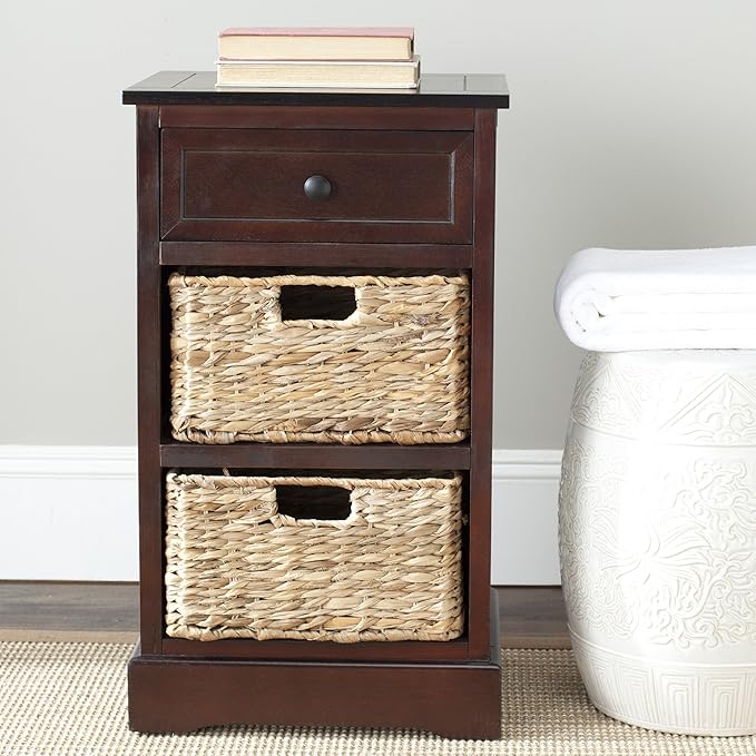 SAFAVIEH Home Collection Carrie Dark Cherry / Natural Wicker 3-Drawer Storage Nightstand Side Table (Fully Assembled)