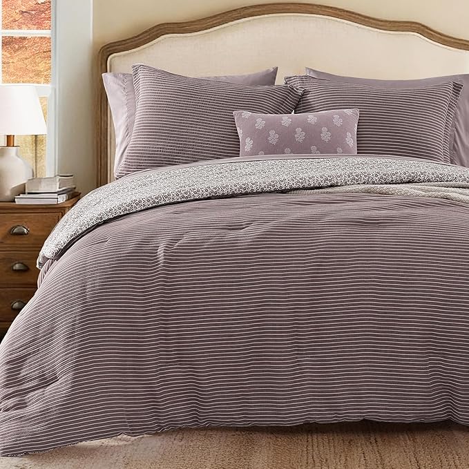 King Comforter Set - 7 Pieces Deep Purple Gauze Muslin Bedding Sets for All Seasons, Lightweight Breathable Bed in a Bag King with Revesible Farmhouse Comforter, Sheets, Pillowcases & Shams