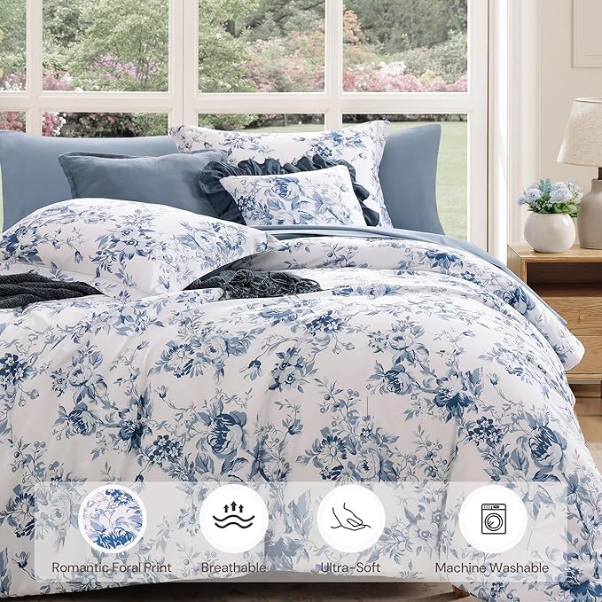 Twin XL Comforter Set -5 Pieces Floral Rain Washed Bedding Set for All Seasons, Bed in a Bag with Botanical Flowers Comforter, Sheets, Pillowcase & Sham