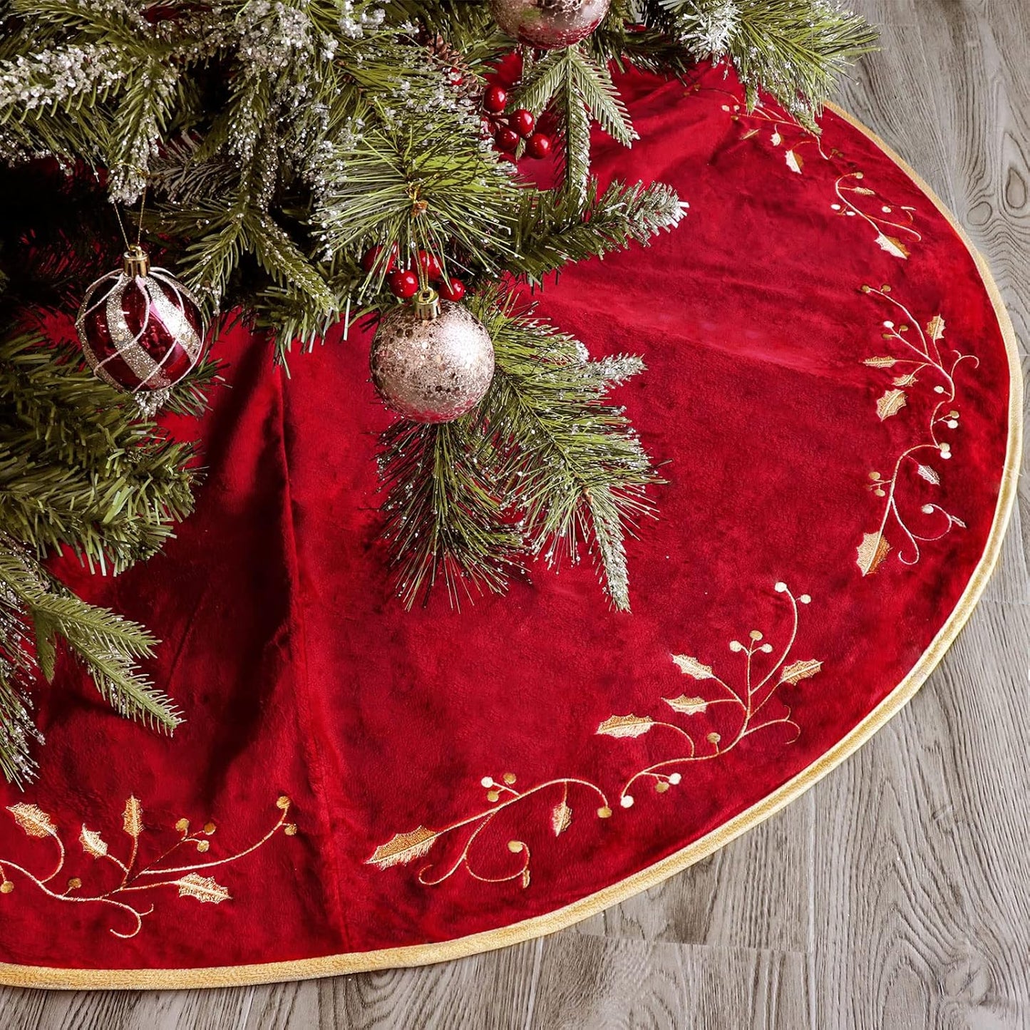 Christmas Tree Skirt, 48 inches Red Luxury Velvet Plush Fur Skirts with Gold Embroidered Holly Leaf for Rustic Xmas Tree Holiday Decorations