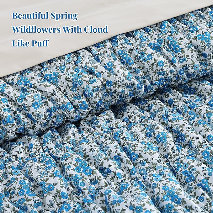 King Comforter Set - 7 Pieces Blue Classic Puff Floral Bedding Sets for All Seasons, Shabby Chic Farmhouse Bed in a Bag King with Wildflowers Fluffy Comforter, Sheets, Pillowcases & Shams