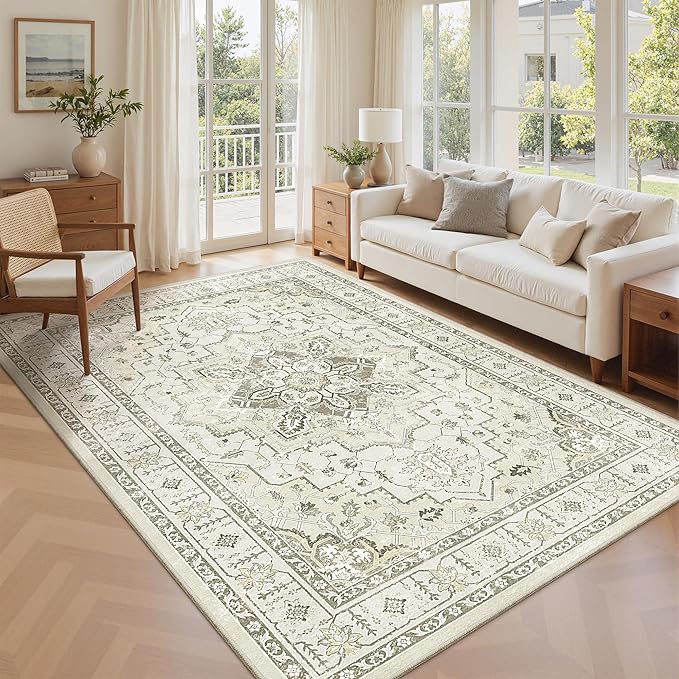 zesthome Washable Rug 6x9 Area Rugs,Stain Resistant Rugs for Living Room,Bedroom,Non-Slip Backing Home Decor Rug, Vintage Medallion Pattern Rugs (Beige,6'x9')