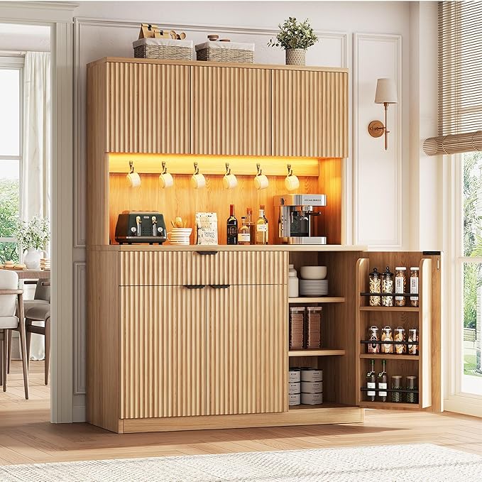 Fluted Kitchen Pantry Storage Cabinet with Charging Station/LED Light/Doors/Shelves, 71'' Tall Kitchen Food Hutch with Microwave Stand for Dining Room Living Room (Natural, 41 * 15.7 * 71)