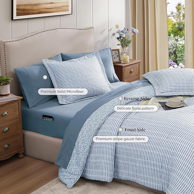 King Comforter Set - 7 Pieces Blue Gauze Muslin Bedding Sets for All Seasons, Lightweight Breathable Bed in a Bag King with Revesible Farmhouse Comforter, Sheets, Pillowcases & Shams
