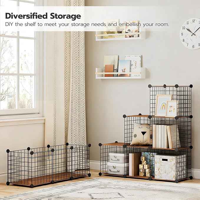 HOOBRO Wire Cube Storage Organizer, 9-Cube Shelves, Modular Shelves with Metal Grid, DIY Closet Cabinet for Living Room, Bedroom, Rustic Brown and Black BF09CW01