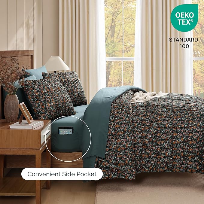 King Comforter Set-7 Pieces Dark Green Classic Puff Floral Bedding Sets for All Seasons,Shabby Chic Farmhouse Bed in a Bag King with Wildflowers Fluffy Comforter,Sheets, Pillowcases & Shams