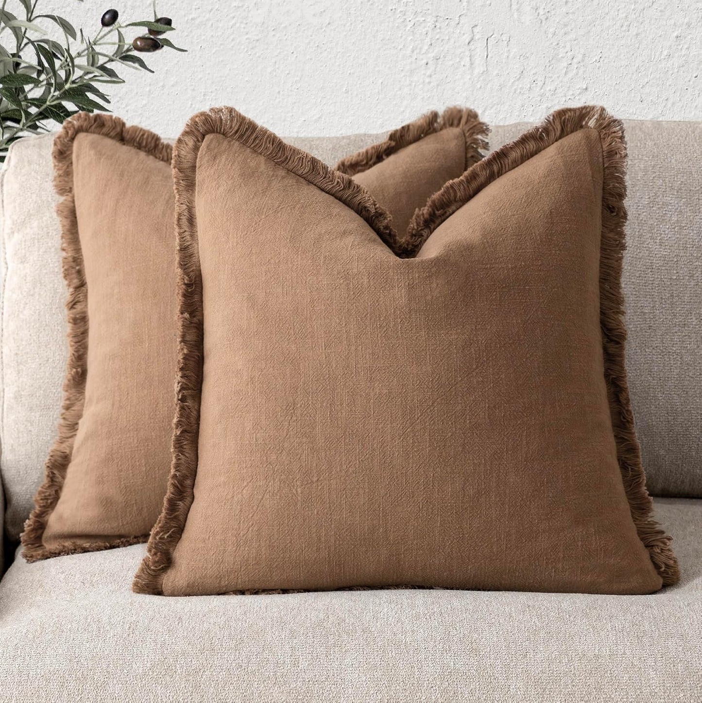 Foindtower Set of 2 Decorative Linen Fringe Throw Pillow Covers Cozy Boho Farmhouse Cushion Cover with Tassels Soft Accent Pillowcase for Couch Sofa Bed Living Room Home Decor, 24×24 Inch, Khaki Brown