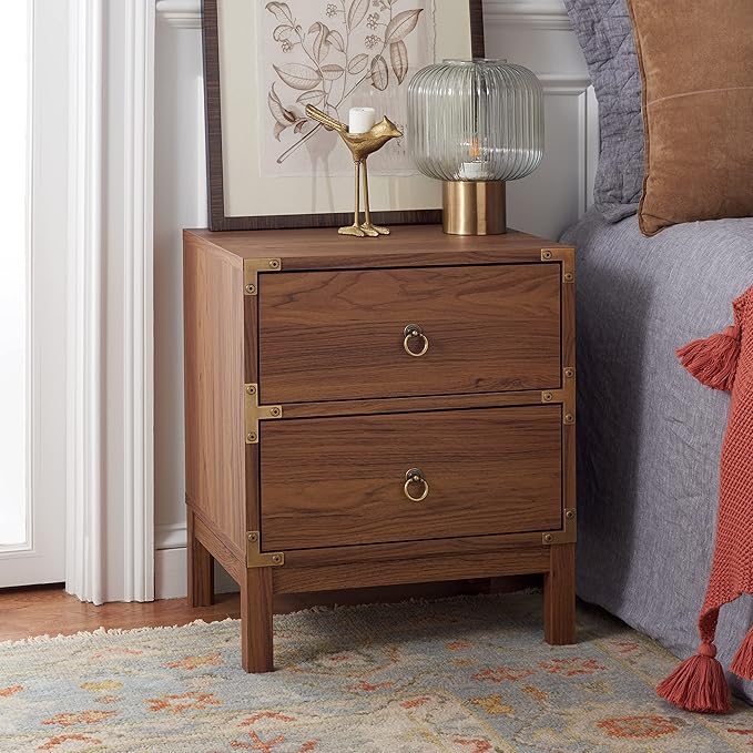 SAFAVIEH Home Collection – Galio Walnut & Gold 2-Drawer Nightstand, Vintage-Inspired Bedside Table with Storage for Bedroom (NST9600A)