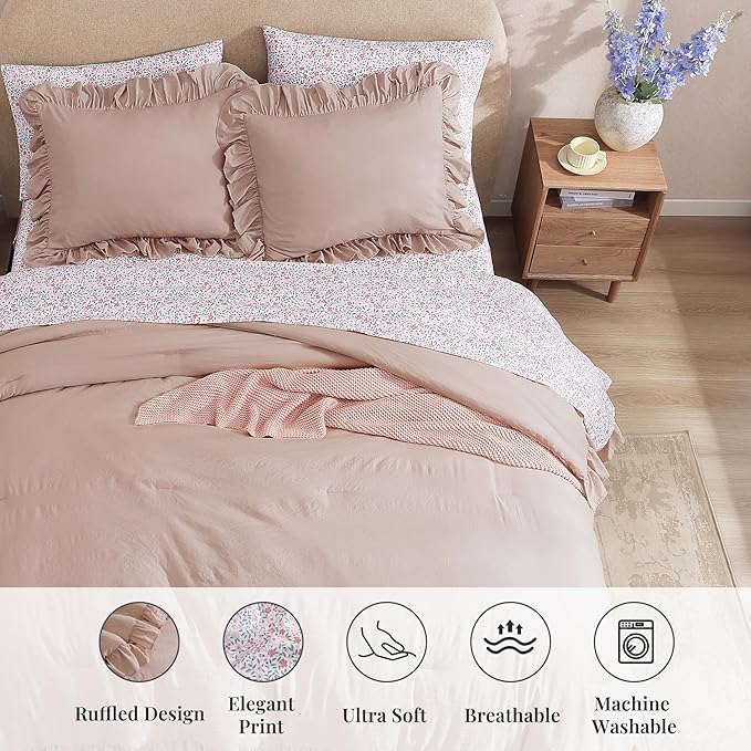 Twin XL Comforter Set - 5 Pieces Ruffle Rose Floral Bedding Sets, Shabby Chic Farmhouse Bed in a Bag with Ruffle Comforter, Floral Sheets, Pillowcase & Sham