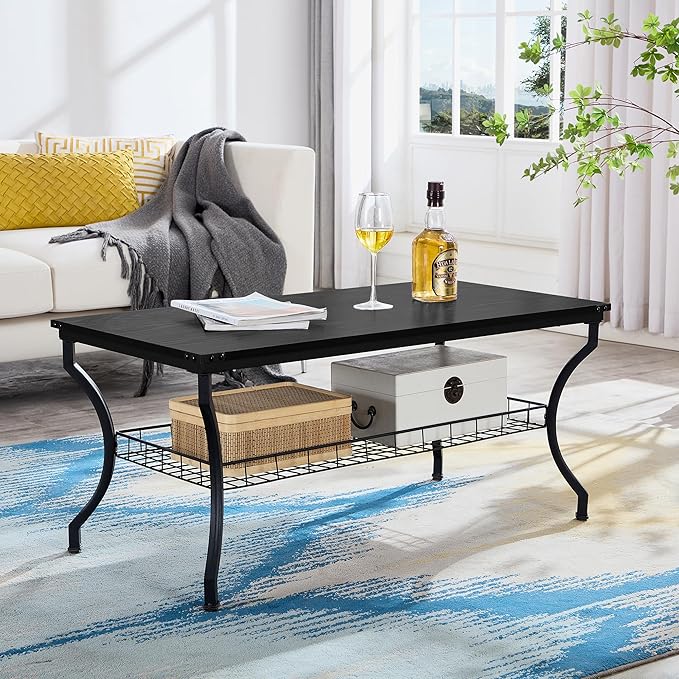 VECELO 3 Pieces Living Room Table Sets, Coffee and End Tables with Open Storage Shelves for Apartment, Home Office, Small Space, Easy Assembly, Black