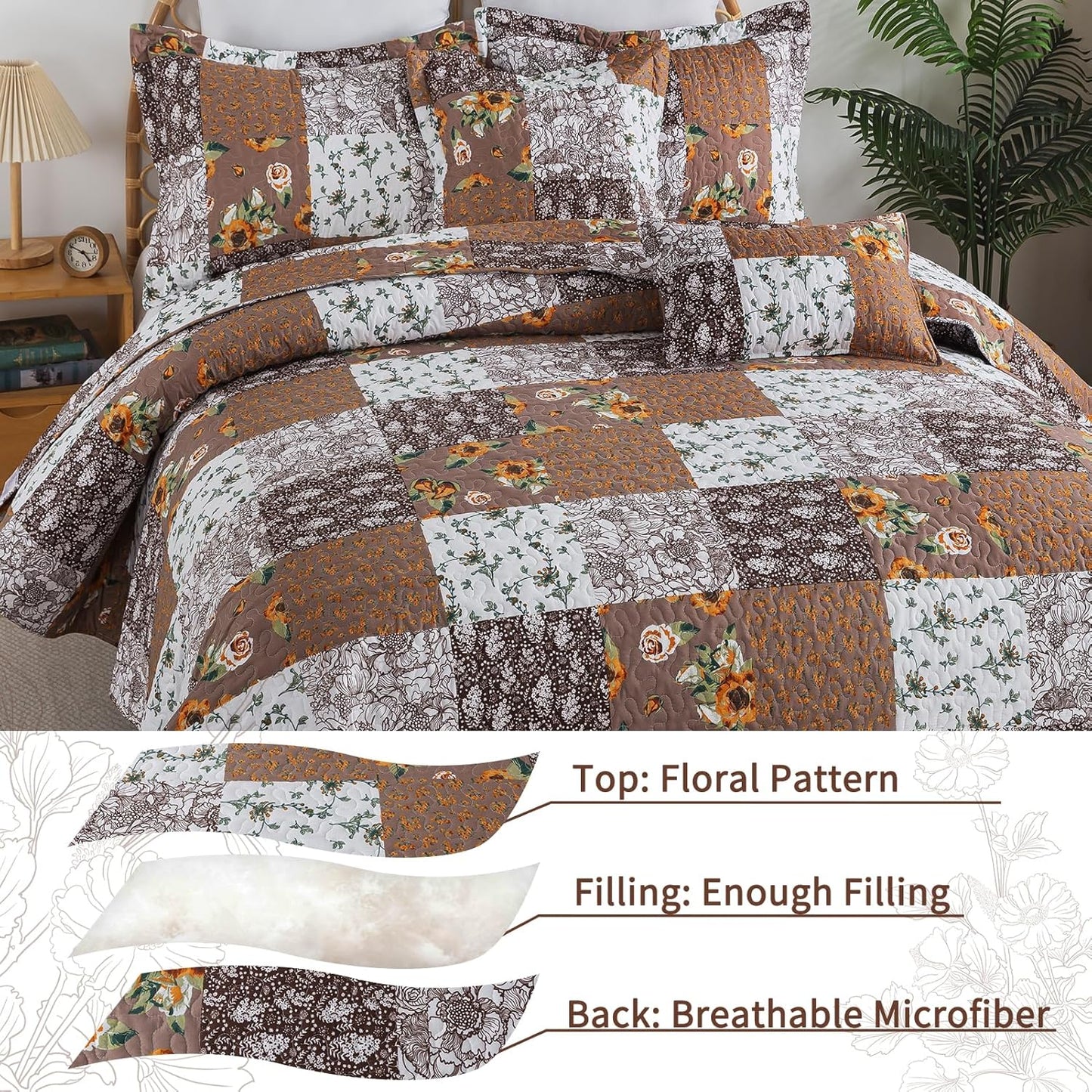VAPUTAR King Size Quilt Set, Farmhouse King Quilt Bedding Set with Floral Plaid Pattern, Soft and Breathable Coverlet Set, Lightweight Reversible Bedspread Coverlet Suitable for All Season.