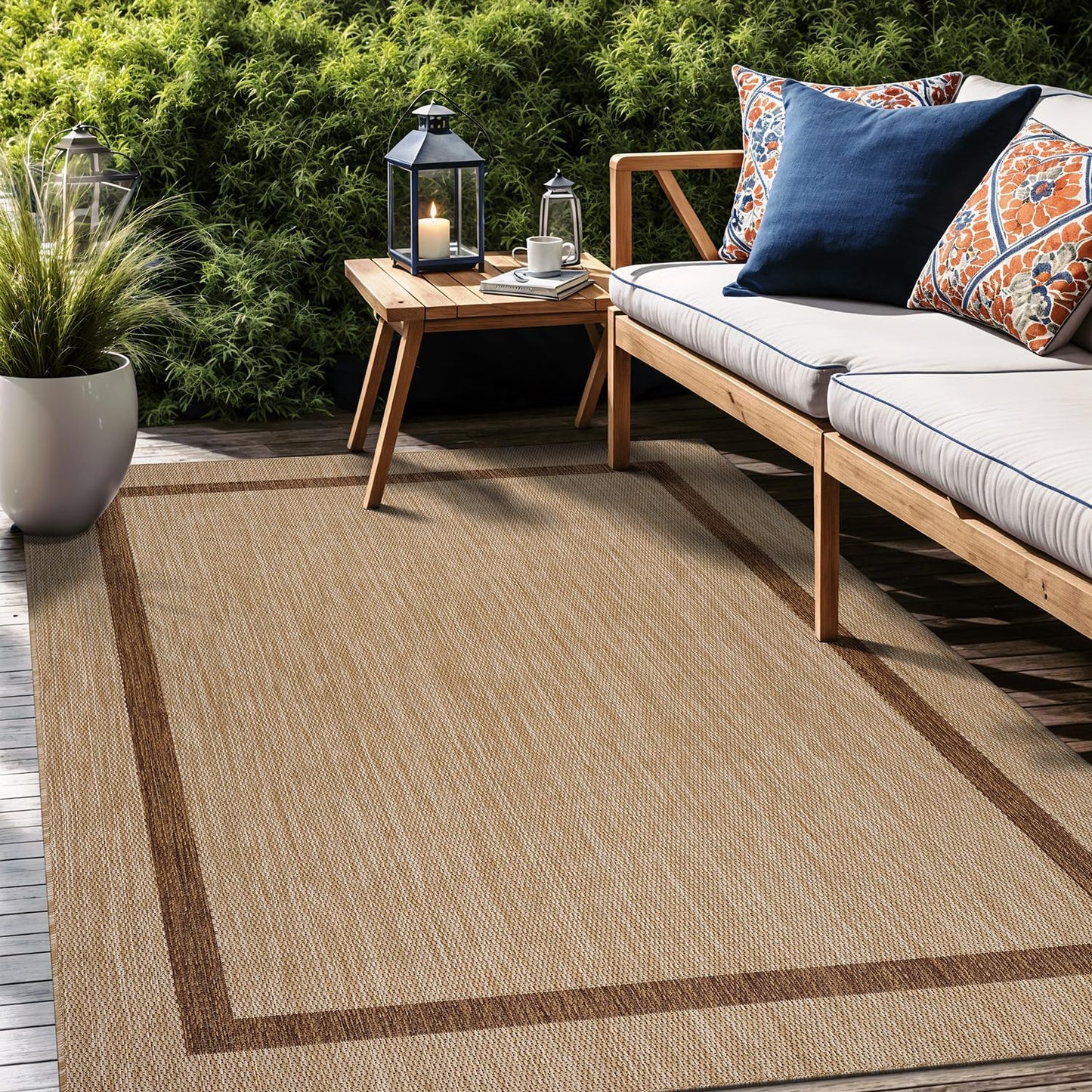 Bordered Outdoor Rug 10x14 Washable Outside Carpet for Indoor Patio Porch Waterproof Easy Cleaning Non Shedding Area Rugs Jute Beige - Nut Brown 10 x 14