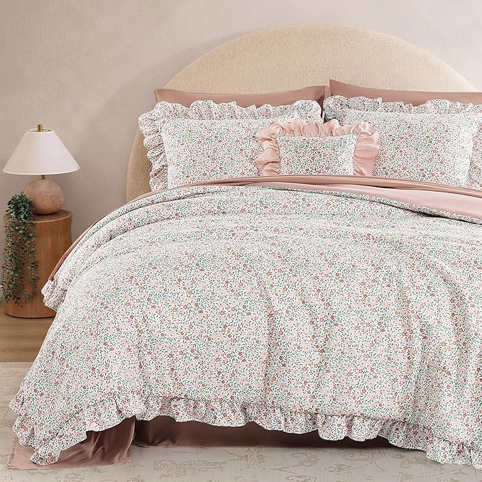 Full Comforter Set - 7 Pieces Ruffle Pink Ditzy Bedding Sets, Shabby Chic Farmhouse Bed in a Bag Full with Floral Comforter, Sheets, Pillowcases & Shams
