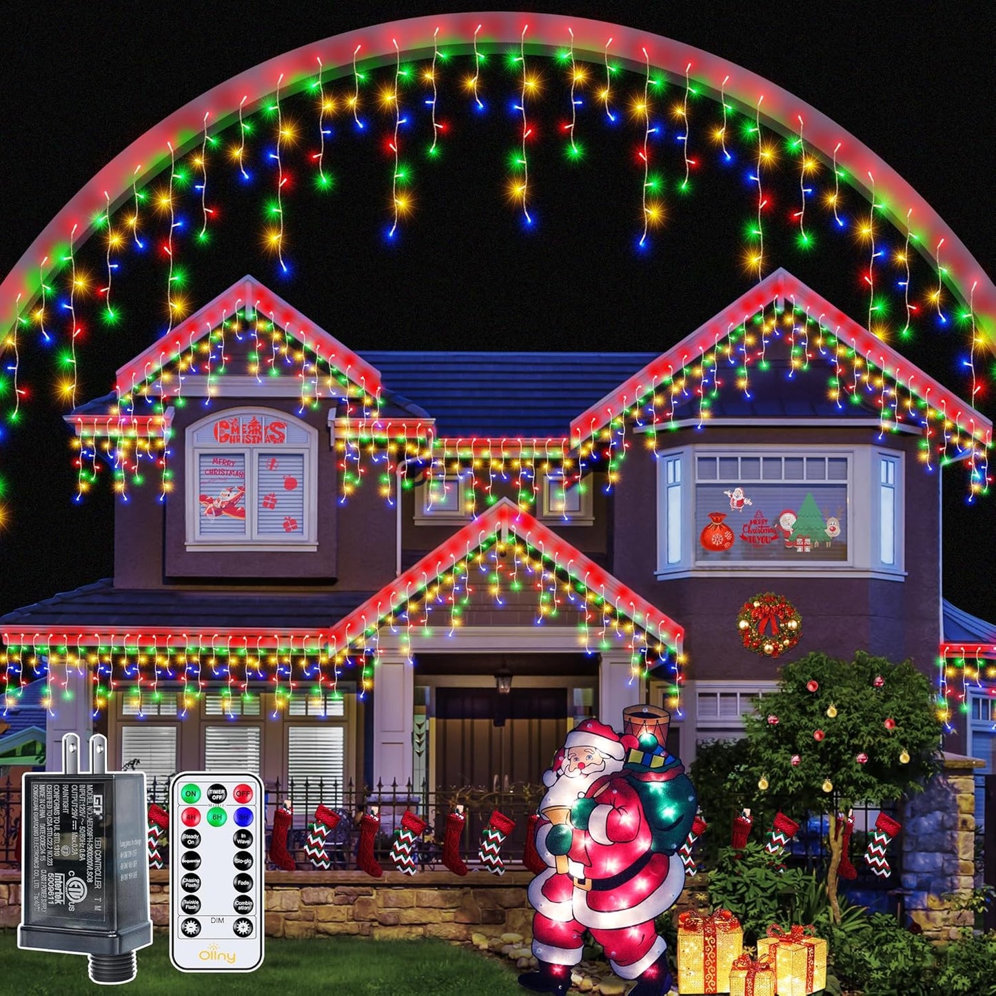 Ollny Icicle Lights Outdoor Multicolor, 594LED 49FT Christmas Lights with Remote 8 Modes Dimmable, Waterproof Connectable Timer Hanging Light for House Outside Yard Indoor Decorations