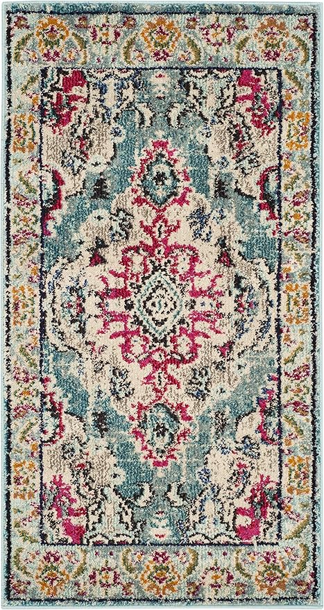 SAFAVIEH Monaco Collection Area Rug - 2'2" x 4', Light Blue & Fuchsia, Non-Shedding & Easy to Clean, Distressed Medallion Design, Ideal for Front Door, Kitchen, Entryway, Accent Space (MNC243J)