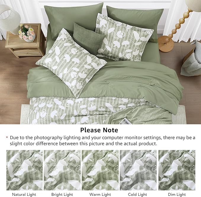 Twin XL Comforter Set -5 Pieces Floral Sage Green Bedding Set for All Seasons, Bed in a Bag with Botanical Flowers Comforter, Sheets, Pillowcase & Sham