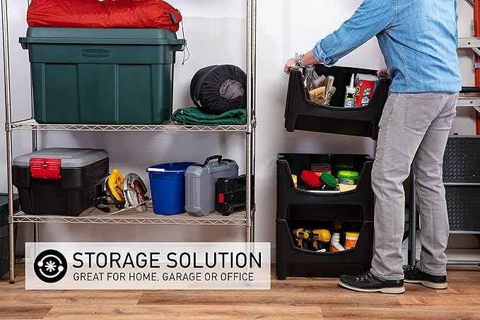 Mighty Tuff Jumbo Stackable Storage Bins, Pack of 3, Easy-Access Storage, Large Easy-To-Grip Handles, Wide Front Opening, Interlocking, Stack Vertically, Black