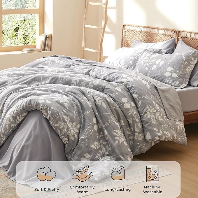 Bedsure Twin Comforter Set - 5 Pieces Floral Grey Soft Bedding Sets, Twin Bed in a Bag with Botanical Flowers Comforter, Sheets, Pillowcase & Sham