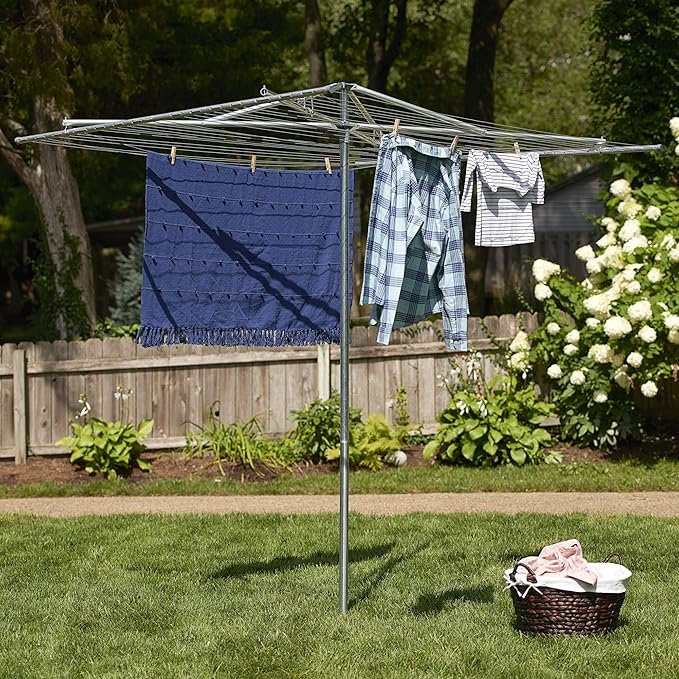 Household Essentials 17130-1 Rotary Outdoor Umbrella Drying Rack | Aluminum | 30-Lines with 210 ft. Clothesline,Silver