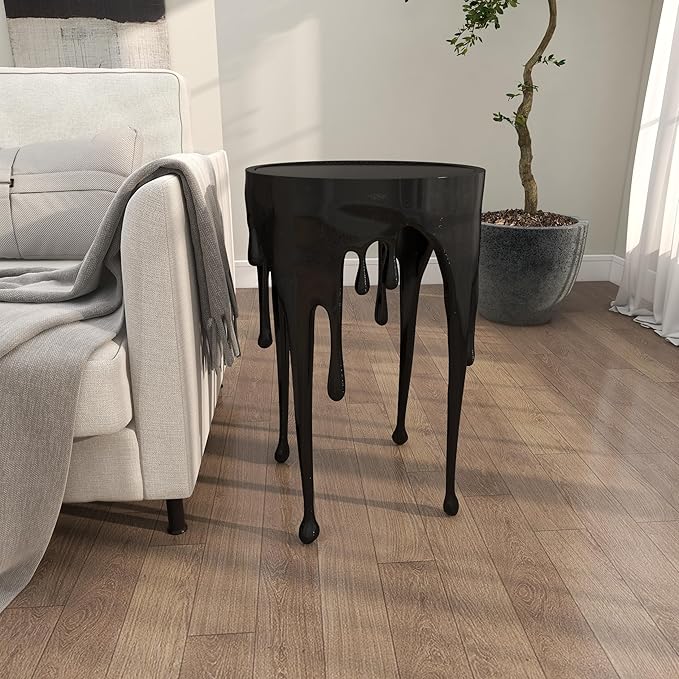 Deco 79 Aluminum Metal Side End Accent Table Melting Drip End Table with Glass Tabletop, Side Table 16" x 16" x 25", Black