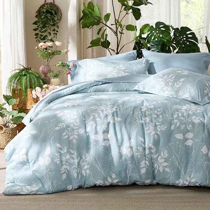 Bedsure Sky Blue Twin Comforter Set - 5 Pieces Floral Bedding Sets, Twin Bed in a Bag with Reversible Botanical Flowers Comforter, Sheets, Pillowcase & Sham