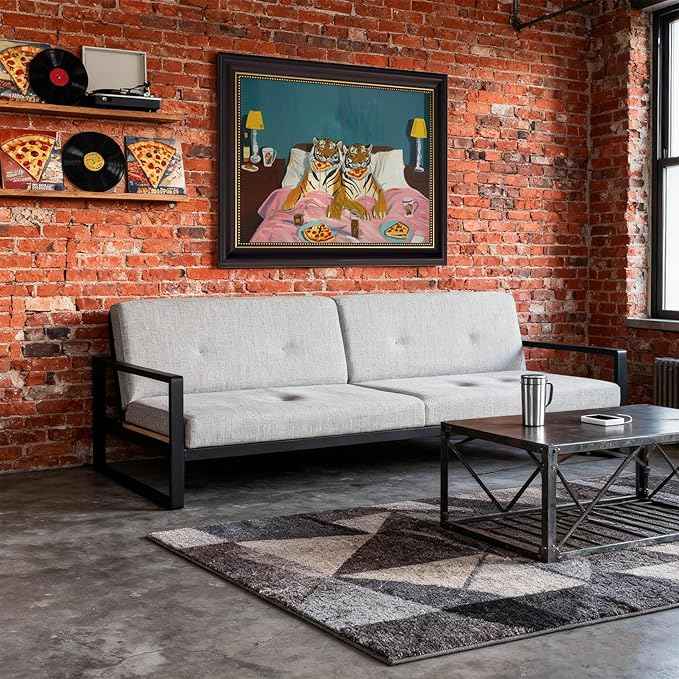 LSXARTQQ Framed Funny Tiger Pizza Wall Art Dark Brown Frame Bedroom Picture Print Vintage Fun Tigers Couple Canvas Wall Decor Maximalist Blue Pink Eclectic Jungle Animal Paintings(16x24inch)