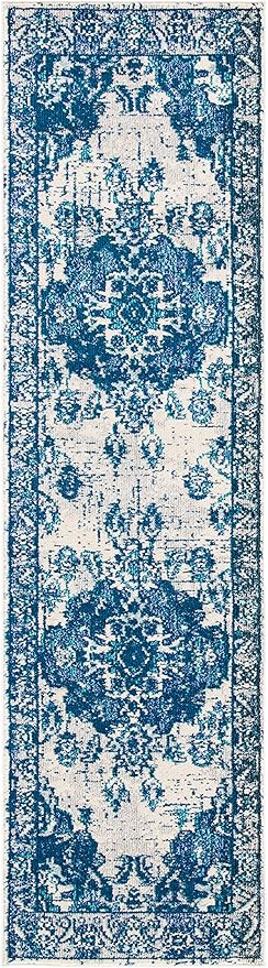 SAFAVIEH Monaco Collection Runner Rug - 2'2" x 6', Ivory & Blue, Non-Shedding & Easy to Clean, Distressed Medallion Design, Ideal for Hallway, Kitchen Foyer, Entryway (MNC243A)