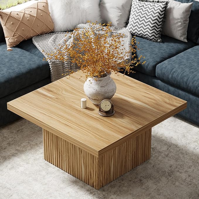 Tribesigns Square Coffee Table, 31.5-Inch Fluted Coffee Table, Mid-Century Modern Living Room Table, Large Cocktail Table for Living Room, Easy Assembly, Oak