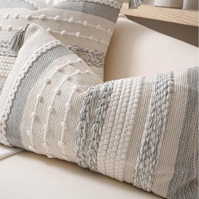 BlissBlush Gray Boho Decorative Throw Pillow Cover 20x20 Square Farmhouse Accent Cushion for Couch Sofa Livingroom Bedroom Pillowcase Modern Home Décor (Pack of 1)