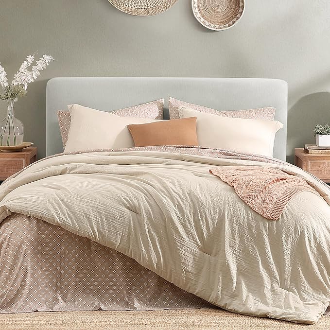 Monbix Full Size Comforter Set - 7 Pieces Oatmeal Prewashed Bed in a Bag Full Bedding Sets with Comforters, All Seasons Ultra Soft Comforter Bed Set with Sheets,Pillowcases & Shams