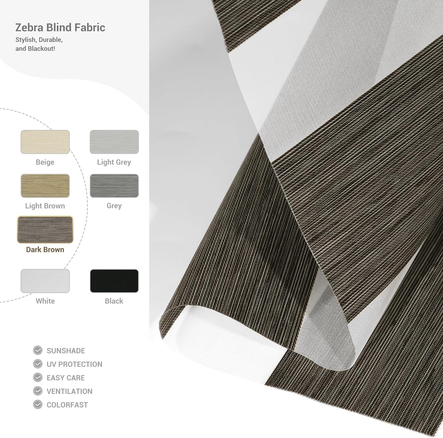 Cordless Zebra Blinds for Windows, Blackout Interior Blinds,Easy to Install,UV Protection,for Offices and Home,Custom Roller Shades, Mousse Dark Bown,24" W x 88" H